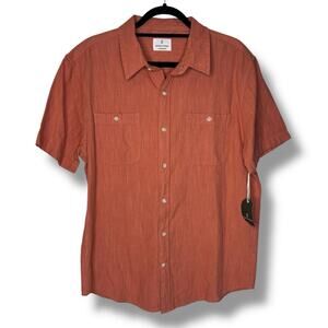 NWT Mutual Weave Mens Large Short Sleeve Button Front Shirt Orange Cotton Pocket